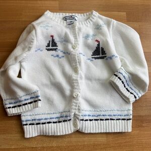 Hartstrings vintage 12M baby sailboat cardigan, soft combed cotton, white